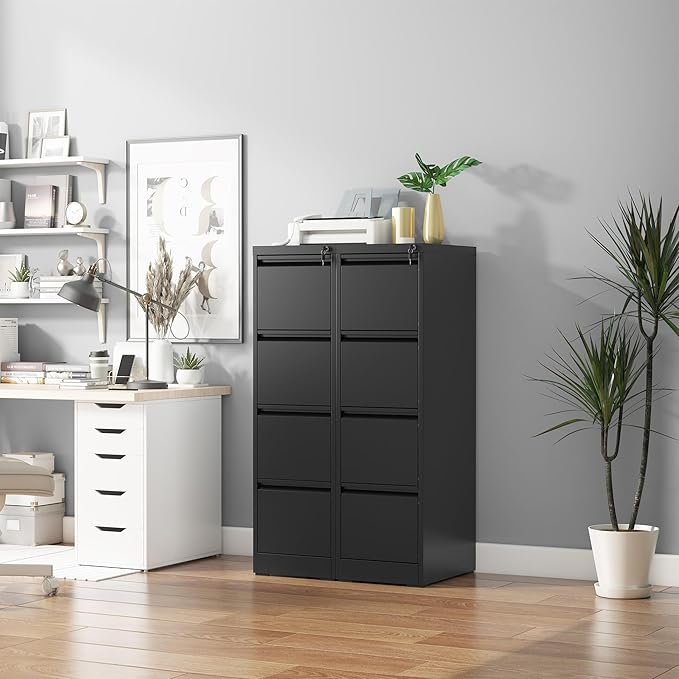 4 Drawer File Cabinet with Lock, Vertical Filing Cabinets for Home Office, Metal Storage Cabinets, Heavy Duty File Cabinet for Letter/Legal/A4/F4 Size Amsseble Required, Black