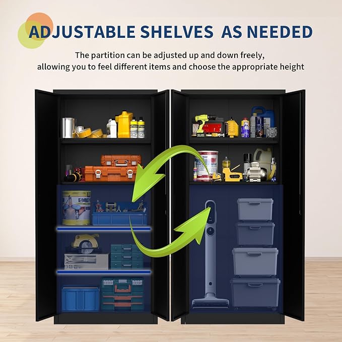 71" Metal Garage Storage Cabinet with 2 Doors and 4 Adjustable Shelves, Steel Lockable File Cabinet, Locking Tool Cabinets for Pantry, Garage, Office, Shop, Organization, Etc, Black