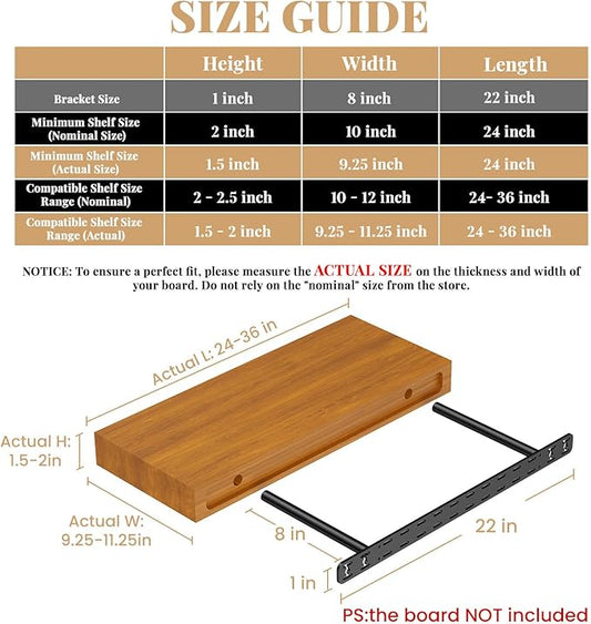 2pcs Floating Shelf Bracket Heavy Duty,Decorative Floating Shelf Hardware Hidden Black Metal Fireplace Mantel Brackets (22"X8"X1.0"--2pcs--with Build Kit)