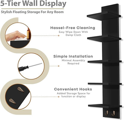 Sorbus 5 Tier Wall Shelf Unit with Hooks, Vertical Column Utility Shelving for Home Decor and Storage Organizer, Wall-Mounted Floating Shelves for Bathroom Storage, Bedroom (2 Pack)