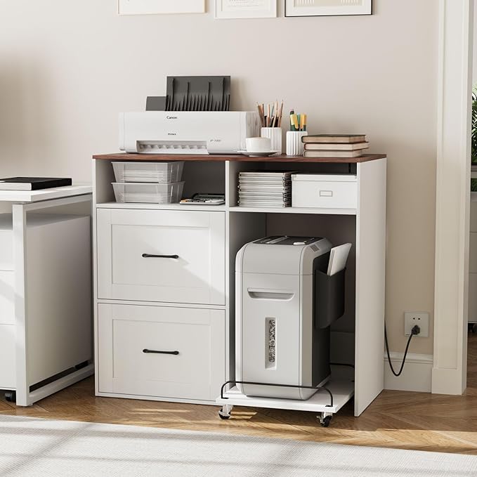 VOWNER File Cabinet with Charging Station, 2 Drawer Filing Cabinet, Printer Stand with Rolling Shredder Stand, Wooden File Cabinets with Open Storage Shelf, for Home Office fit A4, Letter, Legal Size