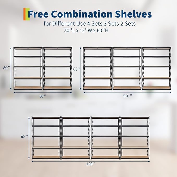 Heavy Duty Garage Storage Shelves, 5-Tier Metal Adjustable Shelving Unit, Storage Shelving with 2500 LBS Capacity for Kitchen Pantry Basement Bathroom Laundry, 30" l x 12" w x 60" h