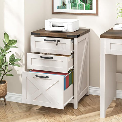 3 Drawer Small File Cabinet with Lock, Farmhouse Vertical Filing Cabinet Fits Letter and A4 Size, Under Desk Wooden File Cabinets for Home Office, Printer Stand, Rustic White