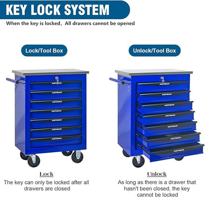 7-Drawer Rolling Tool Chest with Stainless Steel Countertop,Tool Chest with Secure Locking System,Mobile Storage Tool Cabinet with 360°Wheels and Padded Feet,for Home,Garage (Blue)