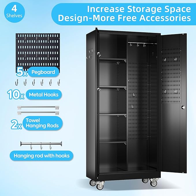 Broom Closet Storage Cabinet with Wheels, 5 Pegboard and 13 Hooks, Metal Garage Storage Cabinet with Doors and 4 Adjustable Shelves for Garage Home Bathroom, 17.7" D x 33.5" W x 70.87" H, Black