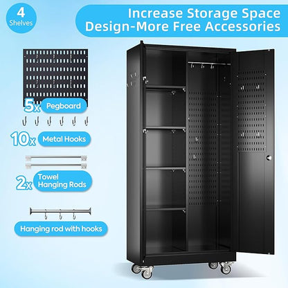 Broom Closet Storage Cabinet with Wheels, 5 Pegboard and 13 Hooks, Metal Garage Storage Cabinet with Doors and 4 Adjustable Shelves for Garage Home Bathroom, 17.7" D x 33.5" W x 70.87" H, Black