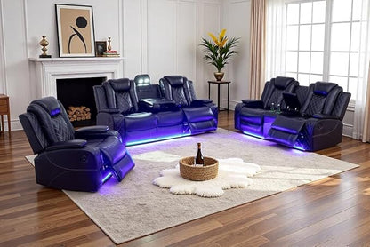 Power Reclining Sofa Couch Set with Drop-Down Table, 3PC Black Leather Recliner Couch Sets, Living Room Furniture Sets, Recliner Sofa with Storage Console/Cup Holder for Home/Apt/Office