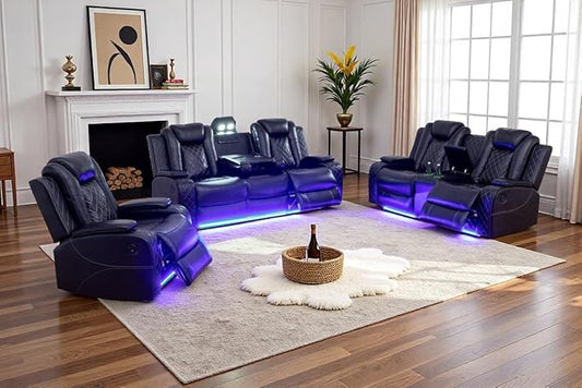 Power Reclining Sofa Couch Set with Drop-Down Table, 3PC Black Leather Recliner Couch Sets, Living Room Furniture Sets, Recliner Sofa with Storage Console/Cup Holder for Home/Apt/Office
