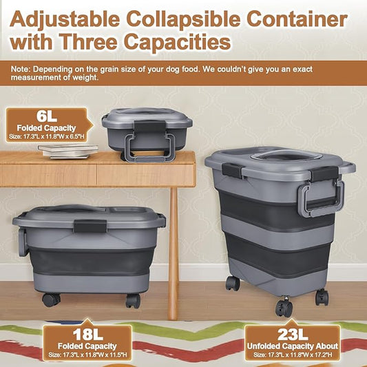Dog Food Storage Container，2 Pack 25 lbs Airtight Collapsible Cat Food Storage Container with Attachable Wheels, Portable Handle, Dog Food Scoop for Dog Cat Bird Pet Dry Food Storage Bin Large
