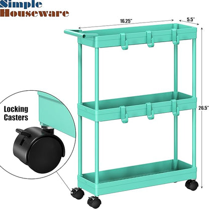 Simple Houseware 3-Tier Slim/Narrow Storage Cart with Handle, 5.5'' Wide x 26.5'' Height Rolling Organizer for Kitchen, Bathroom, Laundry Room - Turquoise