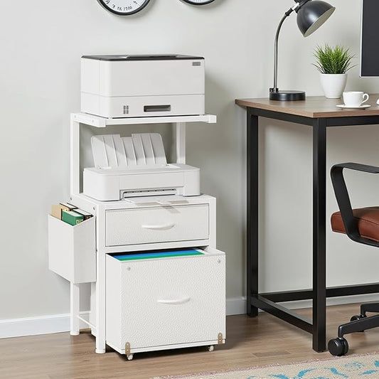 2-Drawer File Cabinet, Filing Cabinet with 2-Tier Printer Shelves, Office Cabinets with Side Bag&File Drawer for A4/Letter Size, Printer Stand with Storage for Home Office, White, 16.5" W