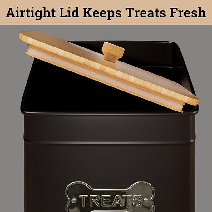 Dog Treat Container Airtight - 6 Inch Wide x 8 Inch Tall Iron Dog Treat Jar for Kitchen Counter with Airtight Bamboo Lid - 12 Cup Capacity Pet Treat Container - Doggie Cookie Jar - Big Treats Canister