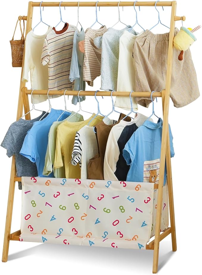 Kids Clothing Rrack- Kids Dress Up Rack for Little Girls, Bamboo Kids Clothes Rack, Toddler Dress Up Storage Rack & Folding Costume Rack, Double Rods, Pets Clothes Rack with Storage, Number