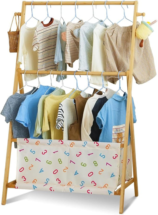 Kids Clothing Rrack- Kids Dress Up Rack for Little Girls, Bamboo Kids Clothes Rack, Toddler Dress Up Storage Rack & Folding Costume Rack, Double Rods, Pets Clothes Rack with Storage, Number