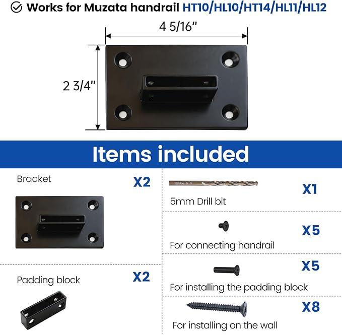 Muzata HT10 HL10 HT14 HL11 HL12 Flat Handrail Accessories - 2Pack End Brackets Universal Black Stainless Steel Handrail Support Wall Mount Base, HA34 BP4