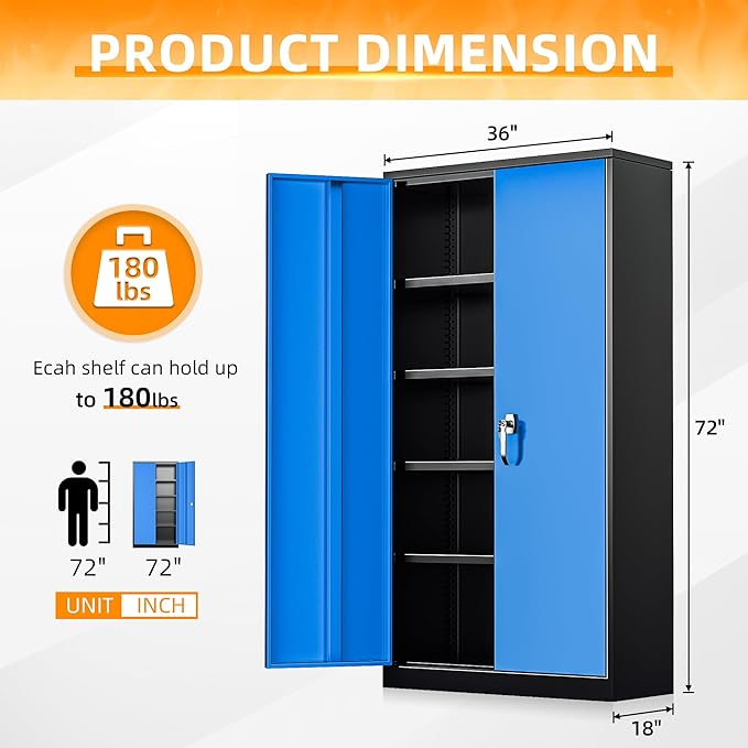 INTERGREAT Metal Storage Cabinet, 72” H Storage Cabinet with 2 Doors and 4 Adjustable Shelves for Office, Home, Garage, Pantry (Assembly Required, Black Blue)