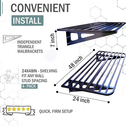 Garage Shelving Wall Mounted, 2-Pack 2x8ft Garages Shelving 24-inch-by-96-inch Wall Shelf Garage Storage Rack Floating Shelves, Space-Saving Black
