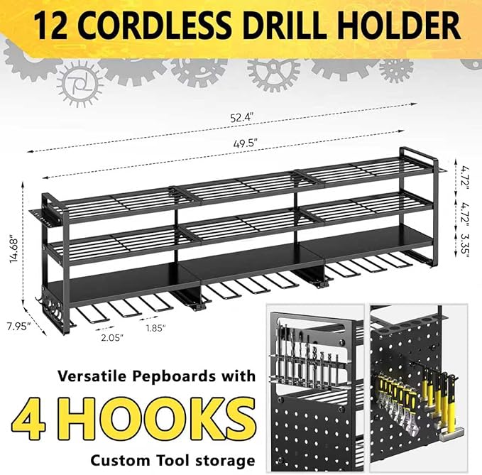 52'' Heavy Duty Power Tool Organizer Rack | 660lbs Capacity 4-Tier Wall Mount Garage Storage Shelf | Adjustable Pegboard Tool Storage for Workshop, Garage, and DIY Enthusiasts