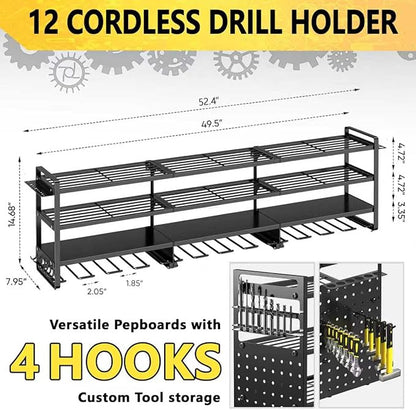 52'' Heavy Duty Power Tool Organizer Rack | 660lbs Capacity 4-Tier Wall Mount Garage Storage Shelf | Adjustable Pegboard Tool Storage for Workshop, Garage, and DIY Enthusiasts