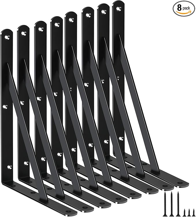 8 Pack L11 x H 8" Black Heavy Duty Shelf Brackets with Screws Metal Shelf Brackets Shelf Support Angle Brackets for Shelves L Brackets Heavy Duty Floating Shelf