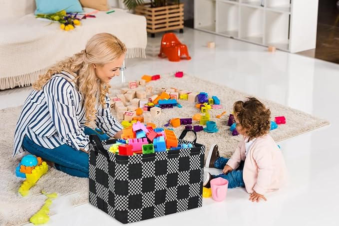 Essme Rectangular Boys Basket,Kids Storage Basket with Handles for Room Decor,Car Storage Bin（Black grid）