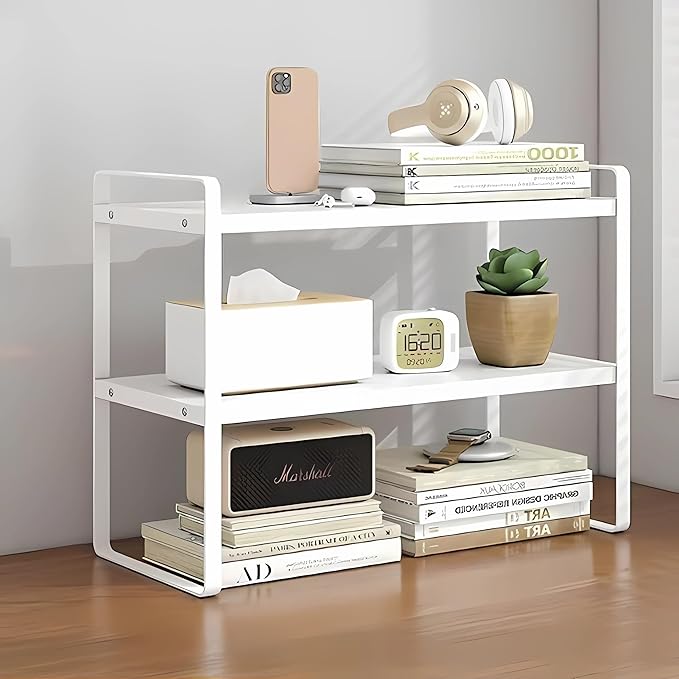 Hbluefat Desktop Organizer Shelf, 2-Tier Multipurpose Tabletop Storage Bookshelf, Small Wooden Countertop Storage Rack for Home Office Kitchen (White+White)