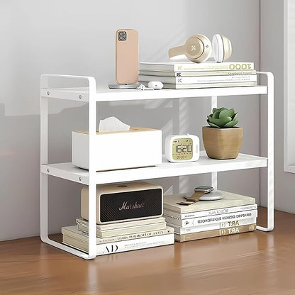 Hbluefat Desktop Organizer Shelf, 2-Tier Multipurpose Tabletop Storage Bookshelf, Small Wooden Countertop Storage Rack for Home Office Kitchen (White+White)
