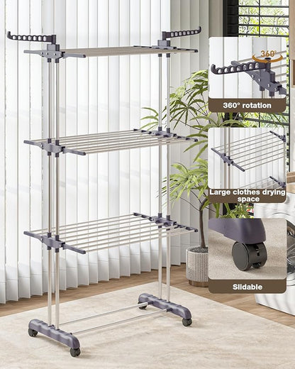 Bigzzia Clothes Drying Rack Folding Drying Rack Clothing 4 Tier Clothes Horses Rack Stainless Steel Laundry Drying Rack with Two Side Wings Grey