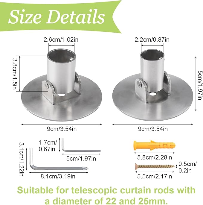 Shower Curtain Rod Bracket, 2Pcs Different Sizes Titanium Steel Shower Curtain Rod Single Swivel Flange Curtain Rod Wall-Mount Bracket with Screws (Silver, Inner Dia. 22mm & 26mm)