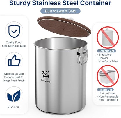 25 Lbs Stainless Steel Dog Food Storage Container with Airtight Wooden Lid & Ceramic Bone Handle, Large Metal Dog Food Bin for Dogs & Cats, Keep Fresh, Easy to Clean