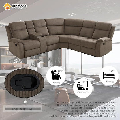 4PCS Living Room Furniture Sets, Brown Reclining Sectional Sofa Set with 4 Recliner Seats, Corduroy Reclining Sofa with Storage Console, Drop-Down Table, Cup Holders for Living Room, Bedroom