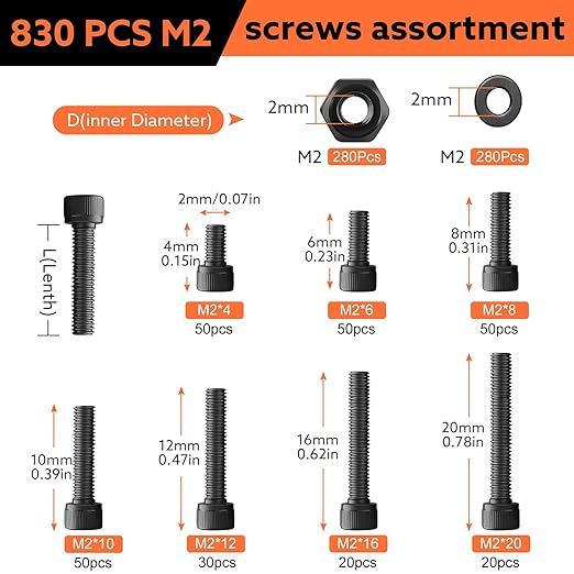 830 Pcs M2 Screws Kit Metric Bolts Kit M2*4mm/6mm/8mm/10mm/12mm/16mm/20mm Machine Screw Kit, 12.9 Alloy Steel Black Zinc Plated Hex Socket Head Screws Nuts Bolts and Washers Set