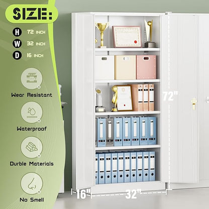 Oakcloud Metal Storage Cabinet Tool Organizer, 72" Lockable Garage Storage Tool Cabinets with 2 Doors and 4 Adjustable Shelves, Locking File Cabinet for Office, Home, School (72“ Standard-White)
