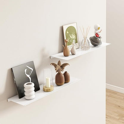 MKO 16" Floating Shelves for Wall, Metal Wall Mounted Shelf for Bathroom, Bedroom, Living Room, Kitchen, Hanging Shelves for Books/Storage/Room Decor 2 Packs, White