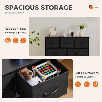 Sweetcrispy Dresser for Bedroom with 9 Storage Drawers, Tall Large Fabric Storage Tower Organizer, Chest of Drawers with Metal Frame Wooden Top for Closet, Living Room, Entryway, Black