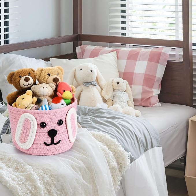 Zopeal Dog Woven Basket, 7.9" D x 6" H Cotton Rope Toy Storage Organizer, Dog Mom Gift Empty, Cute Laundry Puppy Gift Animal Basket for Clothes, Towels, Toy, Laundry, Bathroom, Home(Pink,White)