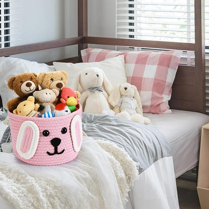 Zopeal Dog Woven Basket, 7.9" D x 6" H Cotton Rope Toy Storage Organizer, Dog Mom Gift Empty, Cute Laundry Puppy Gift Animal Basket for Clothes, Towels, Toy, Laundry, Bathroom, Home(Pink,White)