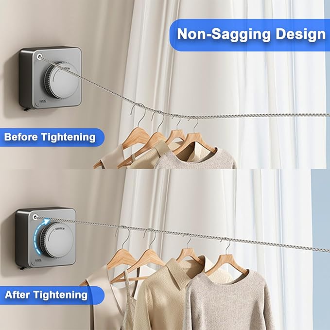 Retractable Clothesline Indoor, Non-Sagging Outdoor Clothes Drying Line Retracting Heavy Duty Clothes Drying Laundry Line Wall Mounted Stainless Steel Line - 15.6 Feet (1, Gray)