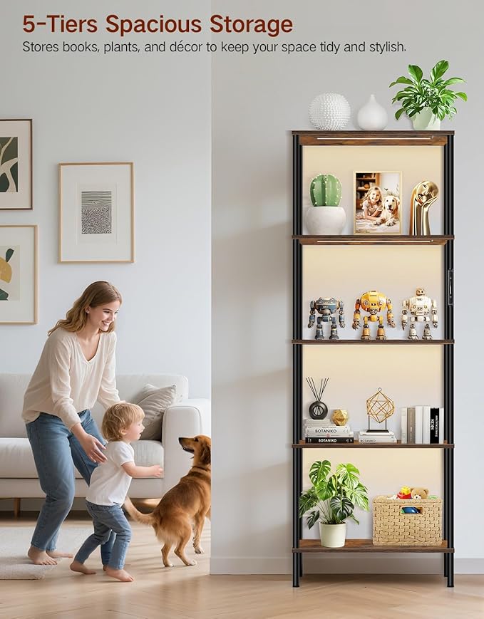 5 Tier Bookshelf with LED Light, Dimmable Bookcase with Touch & Remote Control, 3 Color Temperatures, Tall Modern Display Standing Shelf for Living Room, Bedroom, Home Office (Rustic Brown)