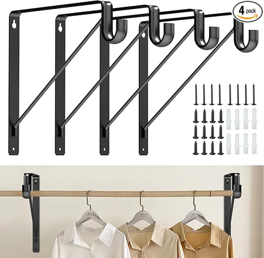 Pisman Closet Rod Bracket Heavy Duty,Shelf Bracket with Rod Holder- Black Closet Rod Support & Closet Shelf and Rod Bracket for Storage, 10 Inch 4pcs