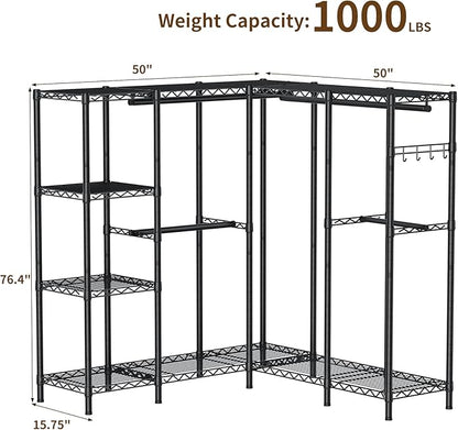 Heavy Duty Garment Rack Clothes Rack,Large Metal Closet Organizer System Storage Wardrobe,Freestanding Clothing Rack with Adjustable Wire Shelves& Hang Rods,MaxLoad 1100lbs