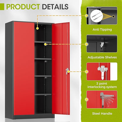 Greenvelly Metal Lockable Storage Cabinet, 72” Tall Storage Cabinet with 2 Doors and 4 Adjustable Shelves for Office, Home, Garage, Pantry (Assembly Required, 18”D, Black Red)