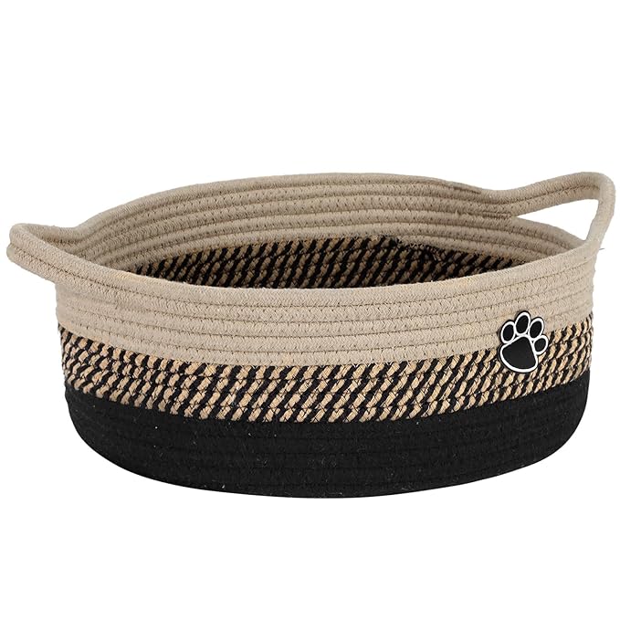 Dog Toy Basket, Toy Box and Bin for Dog Cat Storage, 13.5" X 11" X 5" Small Woven Rope Basket for Baby Storage, Closet, Living Room, Brown & Black