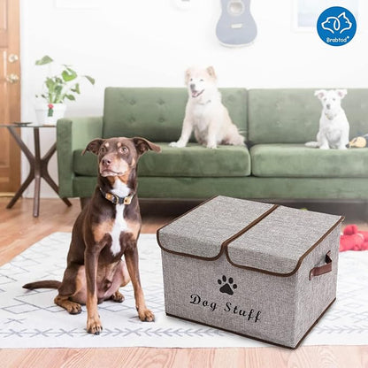 Large Dog Toys Storage Box Canvas Storage Basket Bin Organizer with Lid - Collapsible Linen Bin Ideal for Organizing Dog Cat Toys and pet Stuff-PP Boad-17" x 12" x 10" - Gray