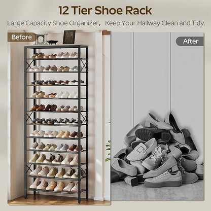 12 Tier Shoe Rack, Large Capacity Shoe Storage Organizer Holds 48 Pairs, Sturdy and Stable, for Entryway, Hallway, Closet, Dorm Room, Greige and Black SS12BG