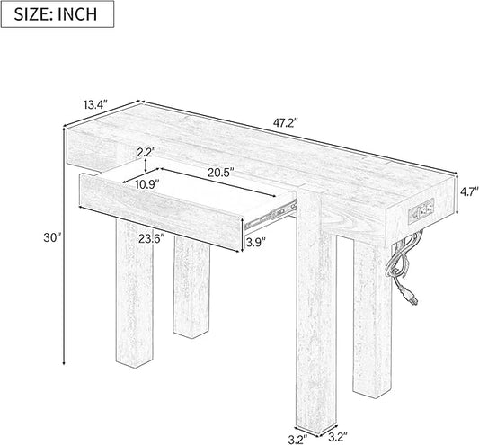Rustic Minimalist Solid Wood Console Table with Hidden Drawer & Side Power Outlet – Entryway, Living Room, Home Office Furniture with 80mm Thick Legs & Spliced Tabletop Design (Espresso)
