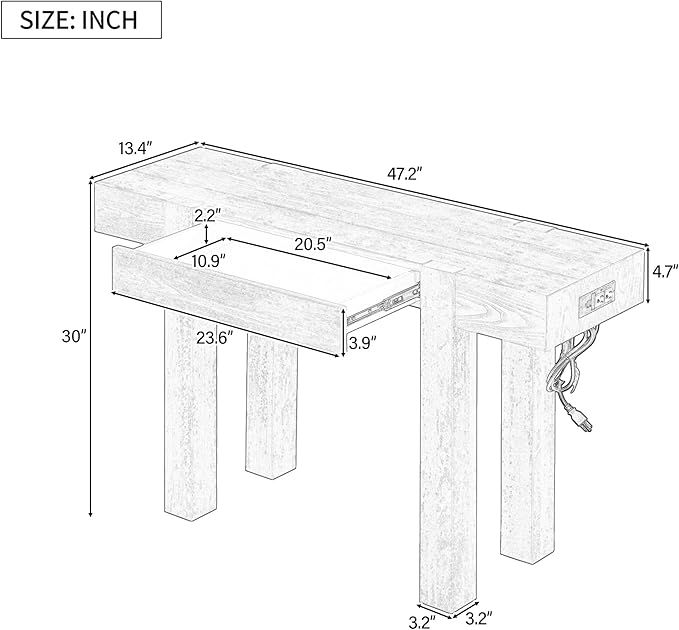 Rustic Minimalist Solid Wood Console Table with Hidden Drawer & Side Power Outlet – Entryway, Living Room, Home Office Furniture with 80mm Thick Legs & Spliced Tabletop Design (Natural)