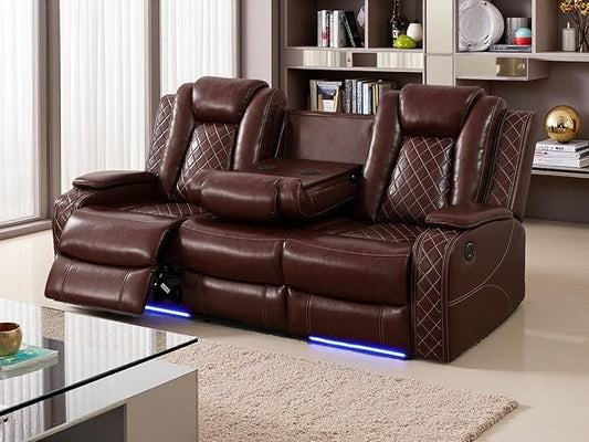 Living Room Furniture Sets, Brown Leather Secitonal Power Recliner Sofa,Power Reclining Sofa Set with 2 Recliner Seats/LED Light/Cup Holder/Storage Console for Living Room/Apartment/Office/RV