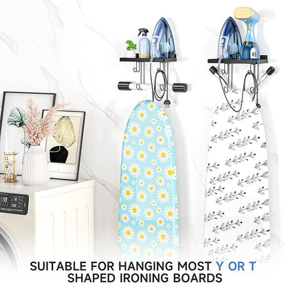 Ironing Board Holder Wall Mounted, Black Iron Holder for Laundry Room, Metal Iron Board Wall Hanger with Storage Shelf, Ironing Board Hooks for Laundry Room Livingroom Bathroom (Y or T Leg)