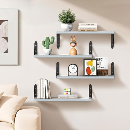 Wood Floating Shelves Set of 4, Rustic Storage Decor Wall Shelves, Wall Mounted Shelf for Living Room, Bedroom 17" x 6", Light Grey